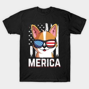 Cute Corgi Dog USA Flag Sunglasses 4th of July T-Shirt